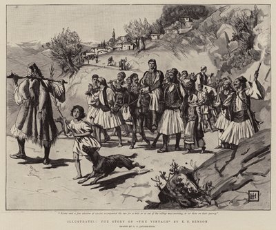 A Szüret történetét illusztrálva E F Benson metszetével alkotó: George Percy Jacomb-Hood